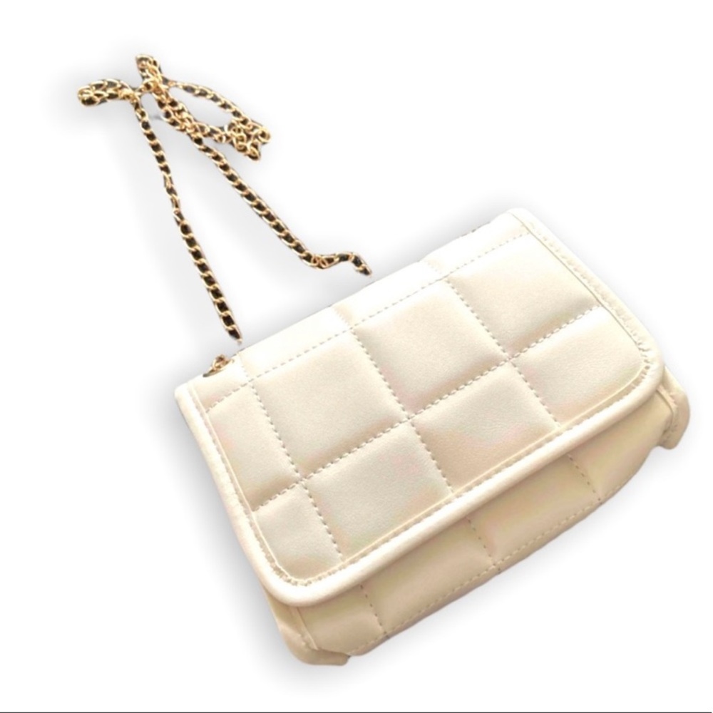 New Boho Plaid Quilted Cream Beige Faux Leather Flap Chain Square Crossbody Bag - Picture 11 of 16
